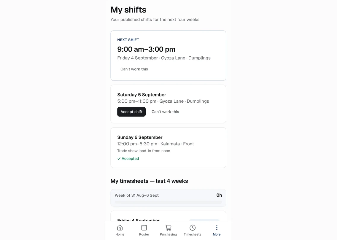 Staff phone view: next shift, accept or decline, weekly hours.