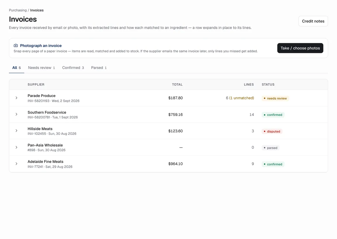 Invoices list with status tabs: needs review, confirmed, parsed, a dispute open and one resolved.